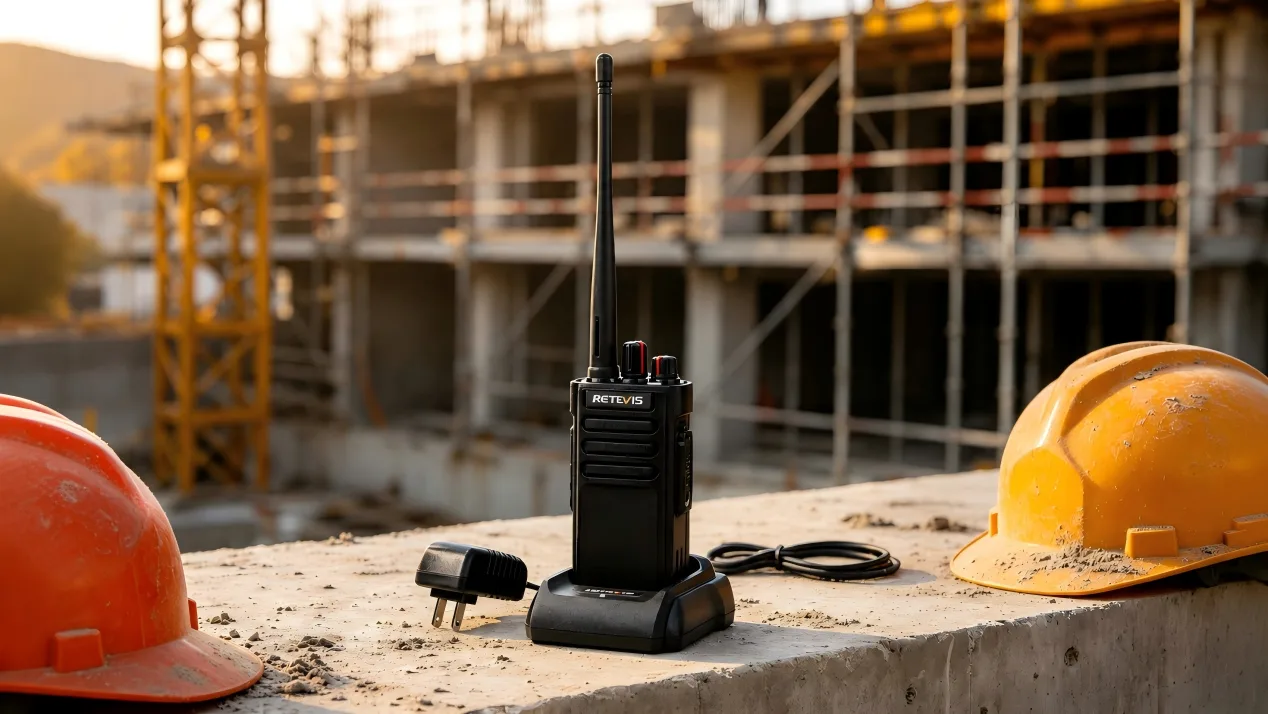 RETEVIS walkie talkie charging on a construction site with safety helmets and tools nearby.