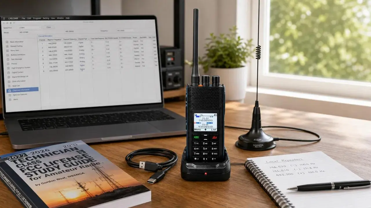 Beginner ham radio operator's desk setup with a DMR handheld radio, programming laptop, and study materials in warm natural light.