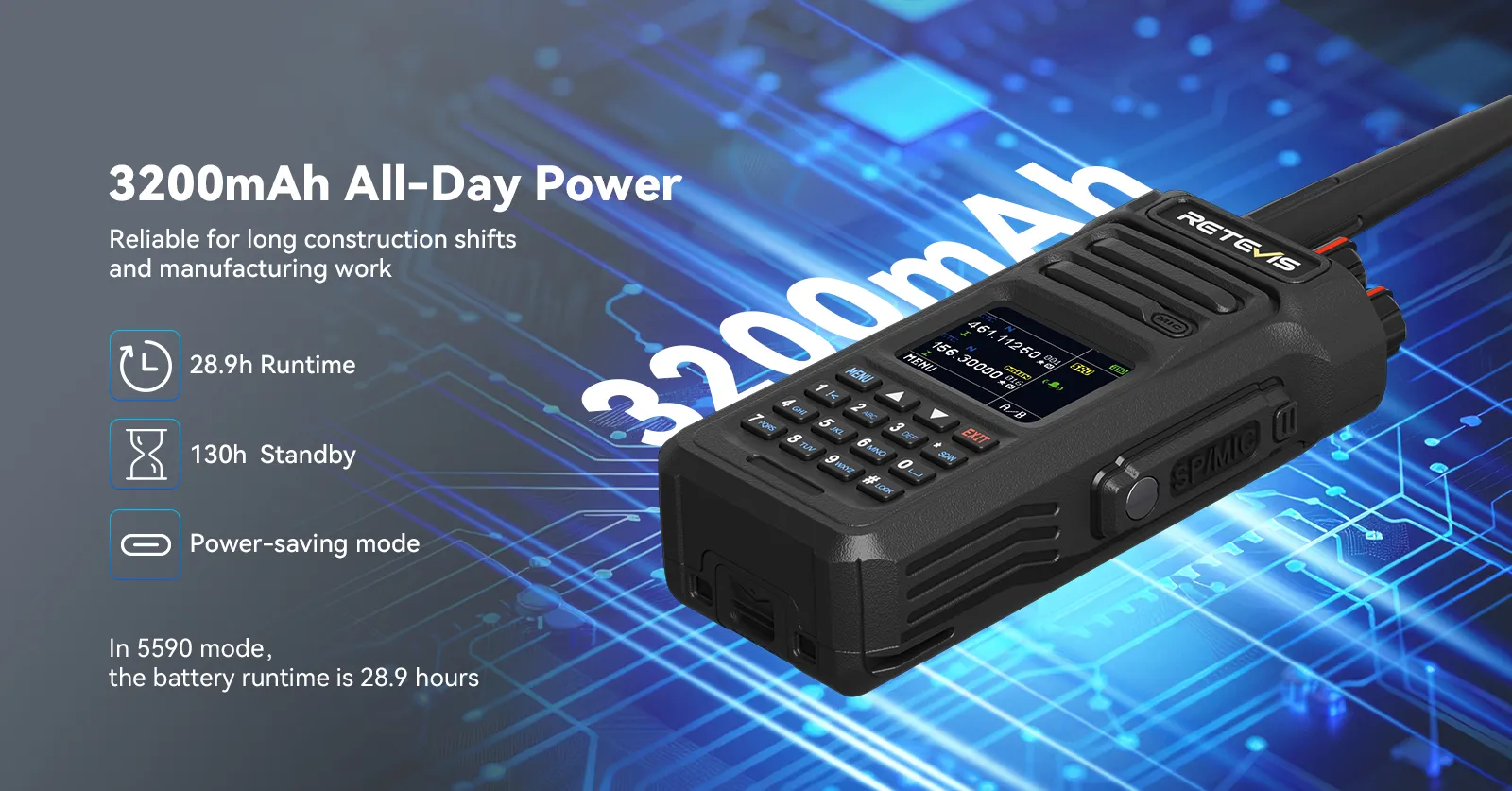 RT29S long standby radio with 3200mAh battery for up to 25 hours of use