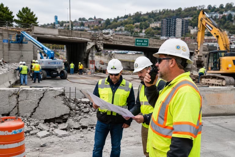 After the earthquake, public works personnel or reconstruction teams use two-way radios to coordinate on-site.