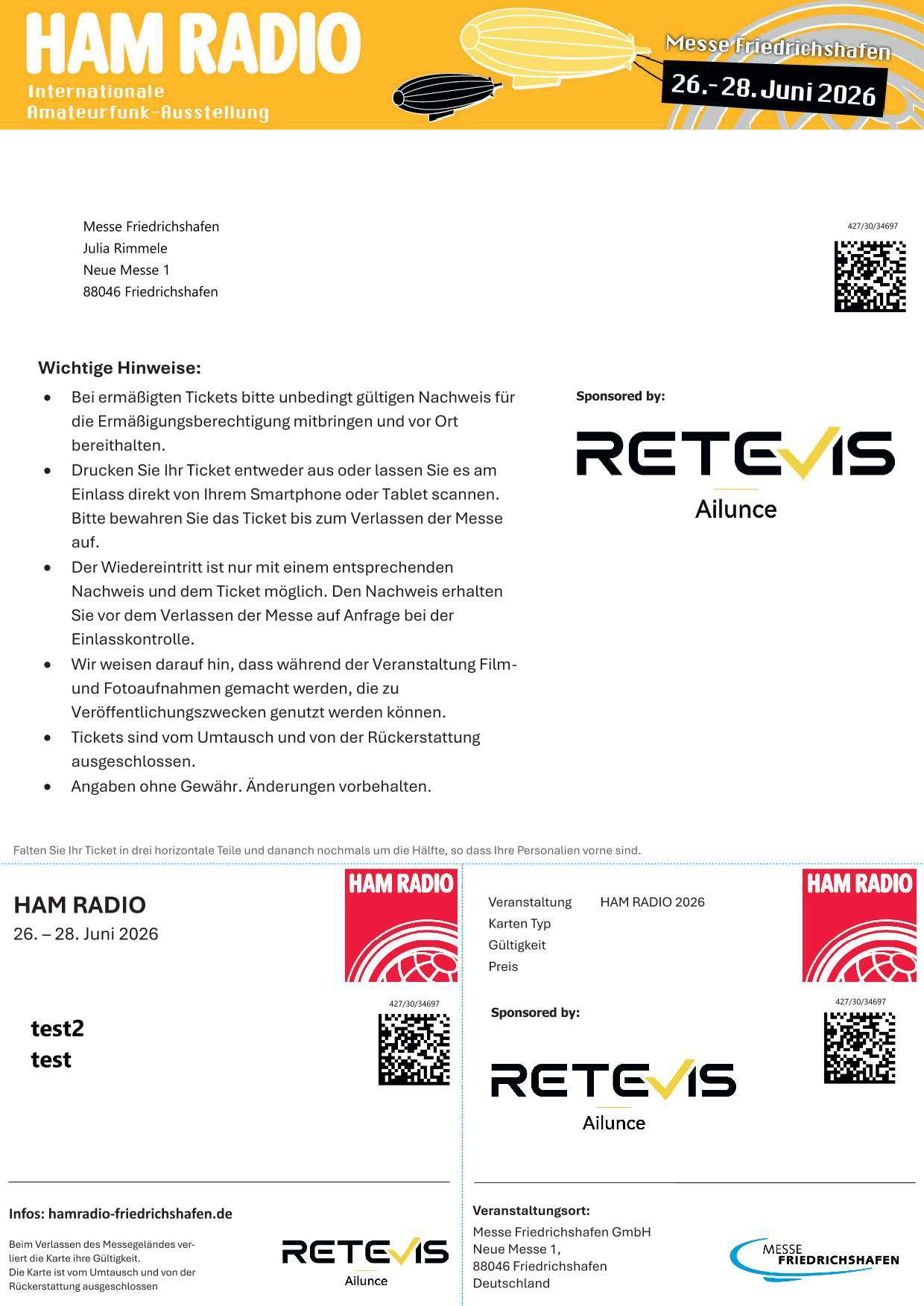 Ham Radio 2026 Friedrichshafen ticket featuring Retevis official sponsor logo