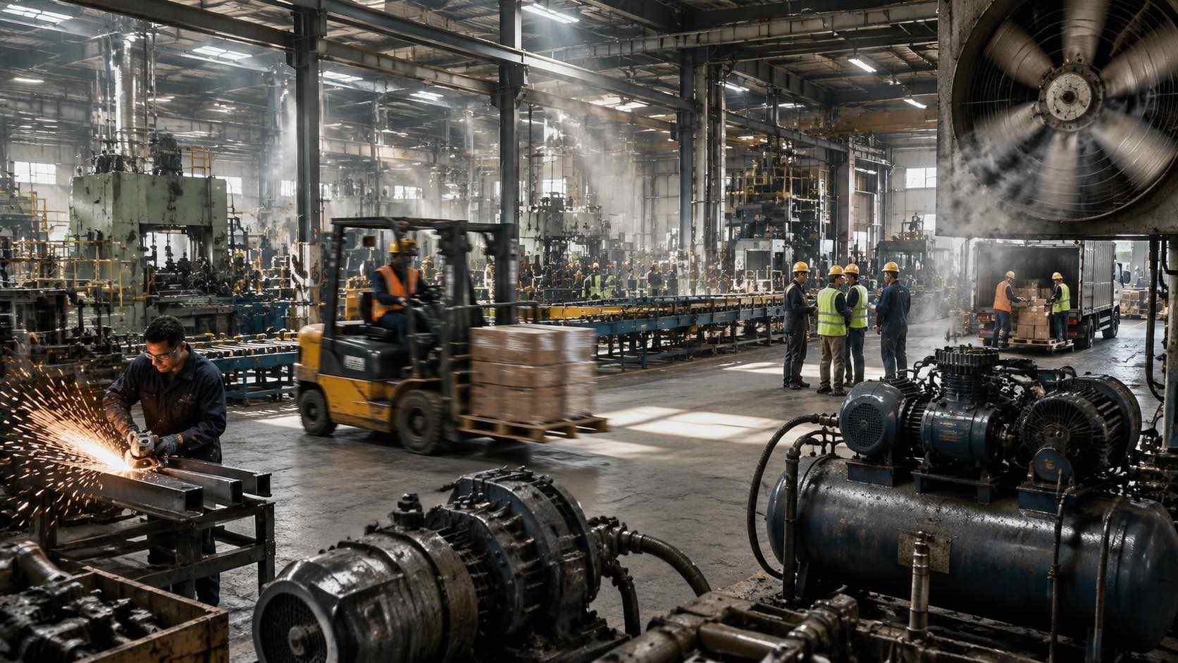 A bustling mechanical factory production workshop