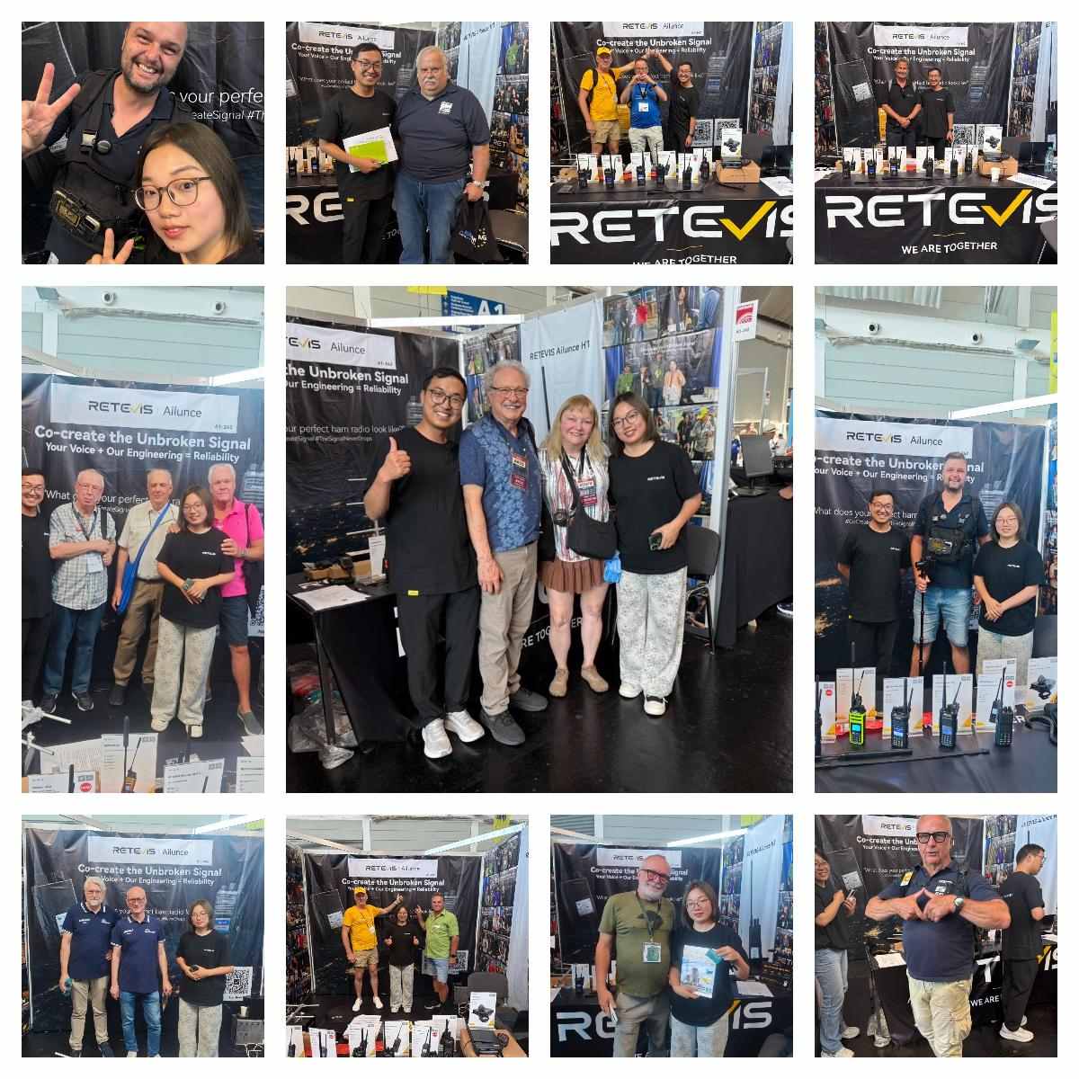 Collage of happy visitors and staff at the Retevis booth during the HAM Radio Friedrichshafen exhibition, showcasing amateur radio equipment.