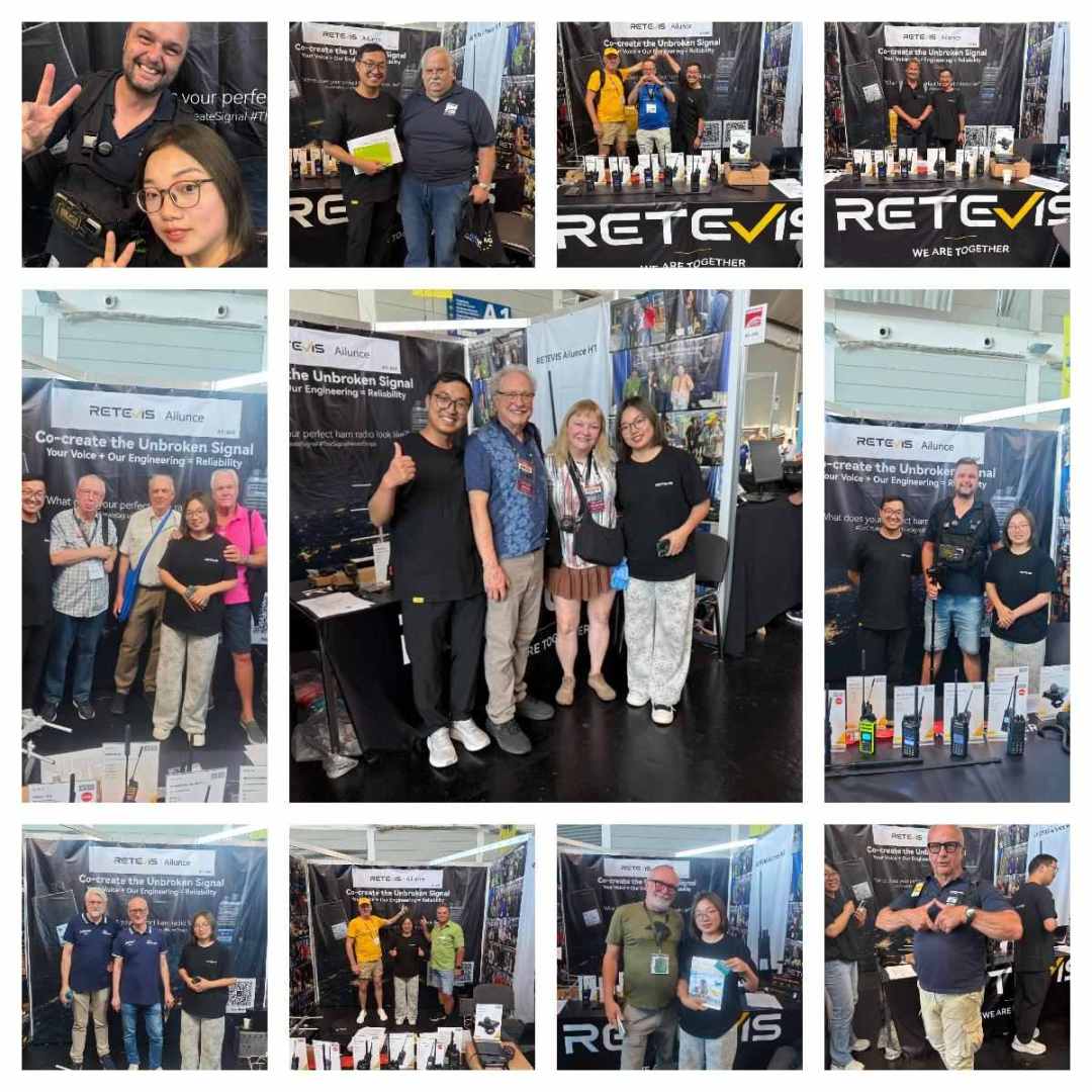 Collage of happy visitors and staff at the Retevis booth during the HAM Radio Friedrichshafen exhibition, showcasing amateur radio equipment.