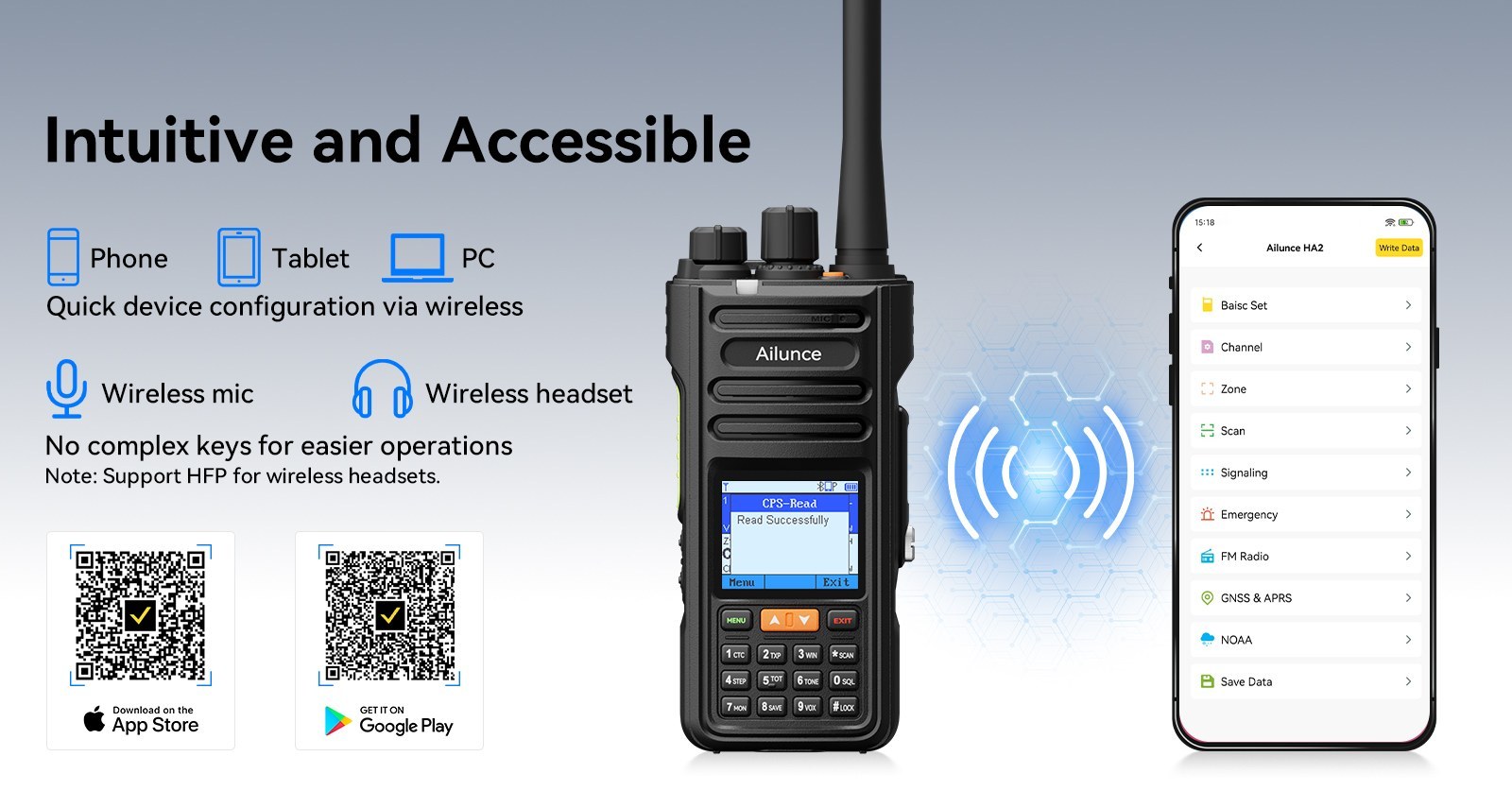 Ailunce HA2 walkie-talkie featuring wireless Bluetooth programming and configuration via a smartphone mobile app.