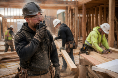Carpentry crew coordinating on a dusty jobsite using rugged radios
