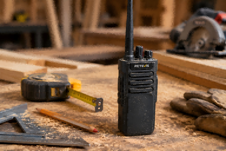 Close-up of Retevis RT29 rugged radio in a woodworking environment