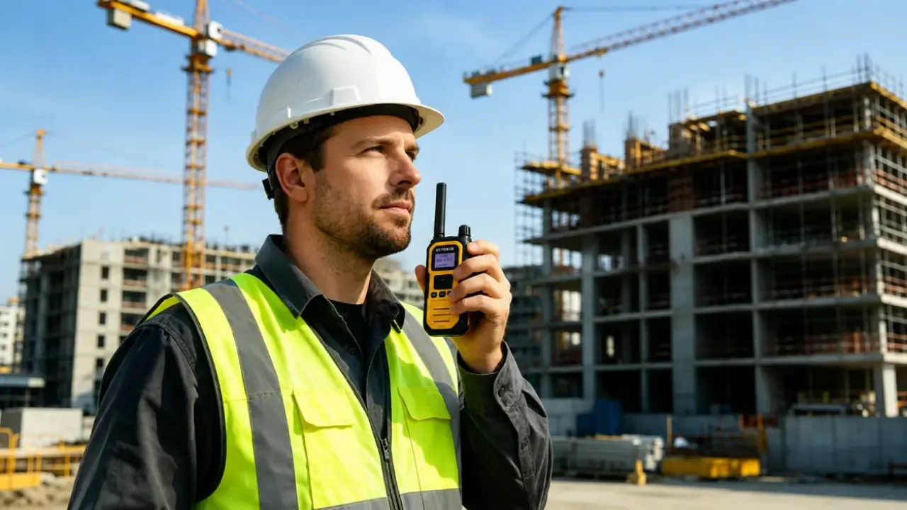 Construction supervisor holding a rb48d walkie-talkie at a building site with cranes.