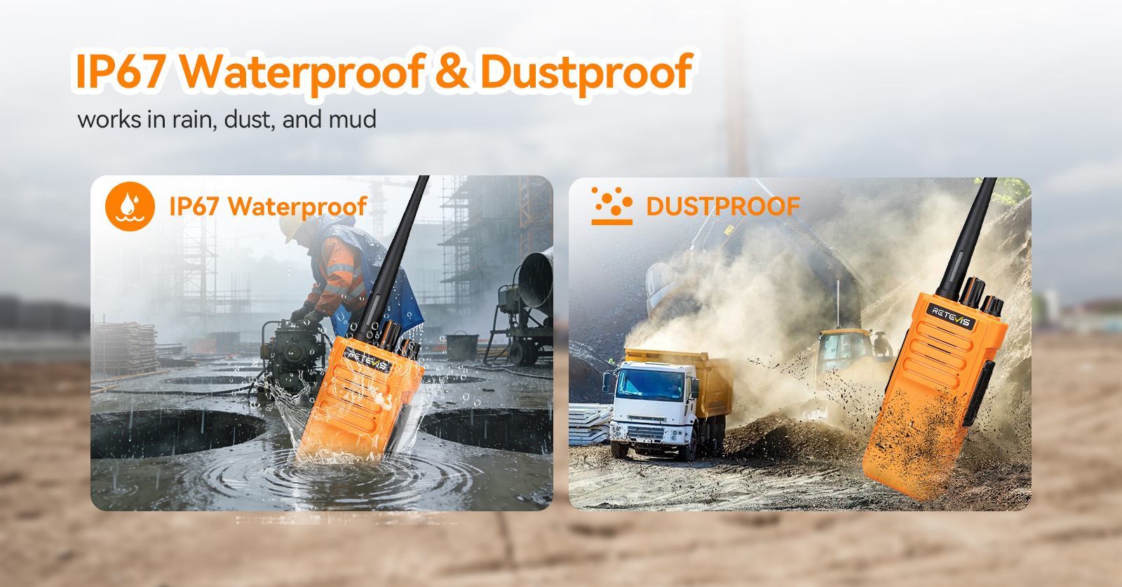 Retevis RT29 IP67 waterproof and dustproof walkie talkie for rain, dust and mud