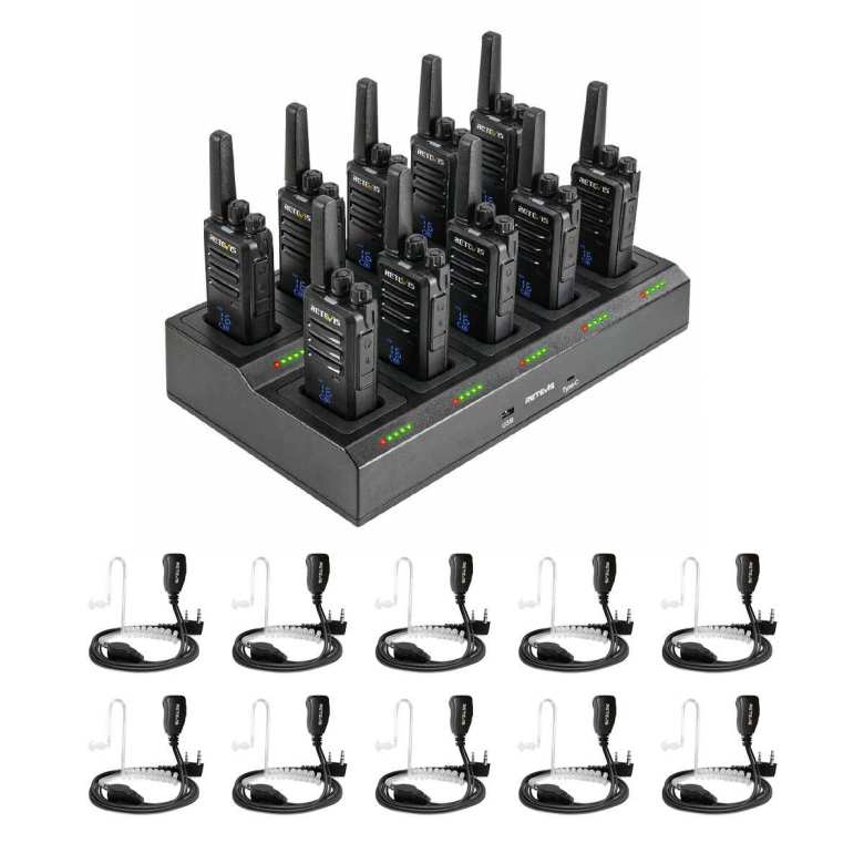 Retevis RT68H FRS Radio 10 Packs with Earpieces and 10-Way Charger | License-Free | Compact Design | 1200mAh Battery | Rugged Construction