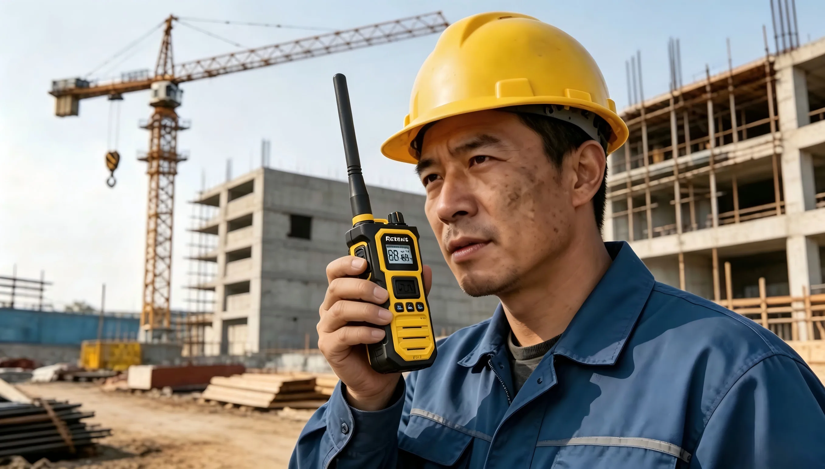 Worker using Retevis RB48 Pro heavy duty two way radio on factory construction site