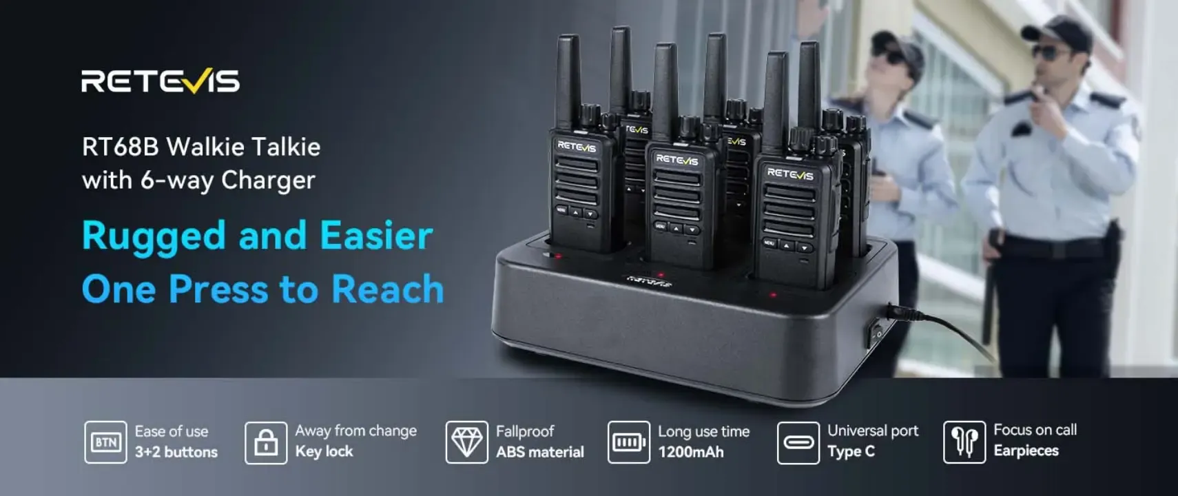 Retevis RT68B FRS Two Way Radio 6 pack with Earpiece Plus Gang Charger