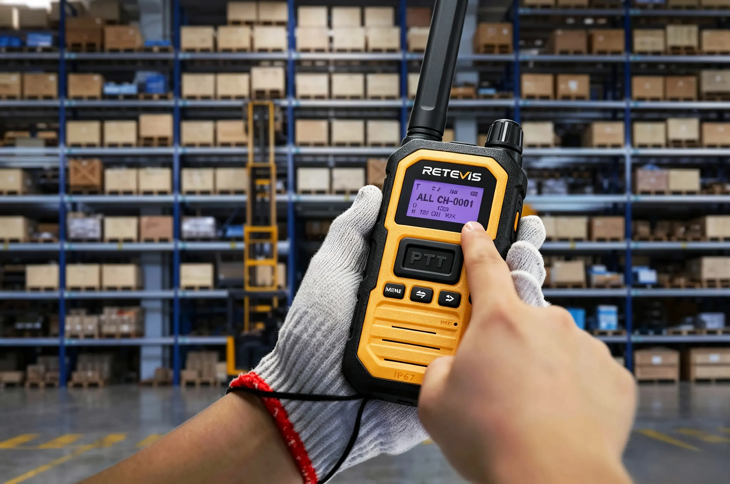Warehouse staff operating Retevis RB48D long battery life walkie talkie in distribution sorting center