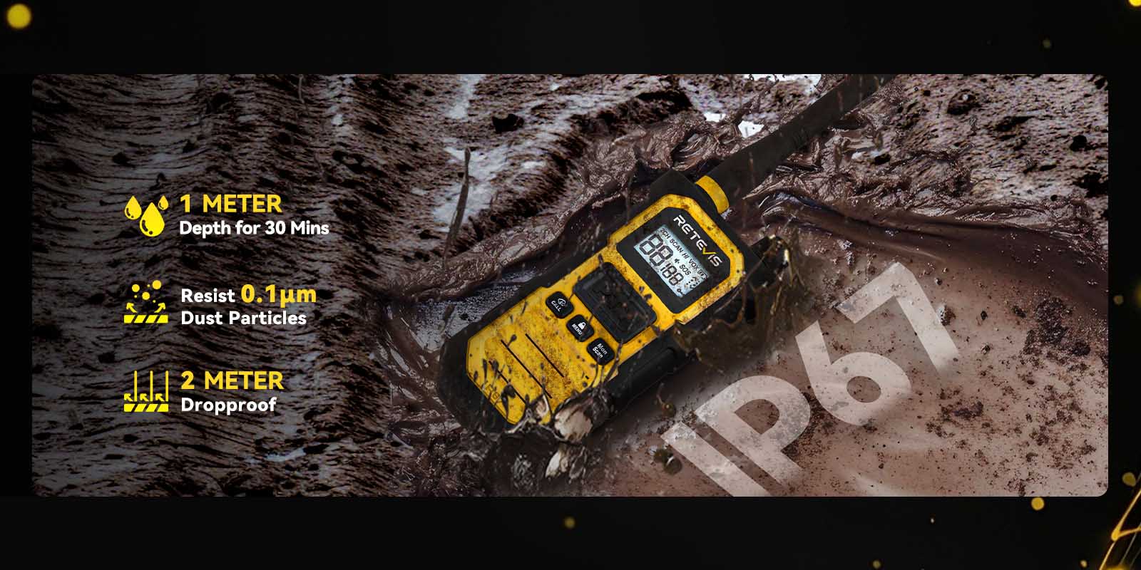 IP67 waterproof heavy duty walkie talkie withstands dust, drops and harsh jobsite conditions