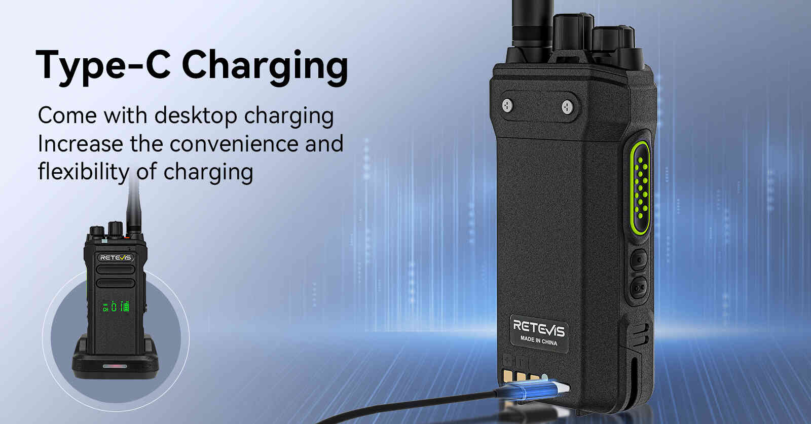 Long battery life two way radio for business with Type-C and desktop charging options