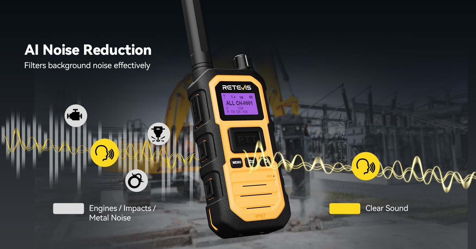 Retevis RB48D DMR radio showing AI noise reduction cutting machinery and background noise