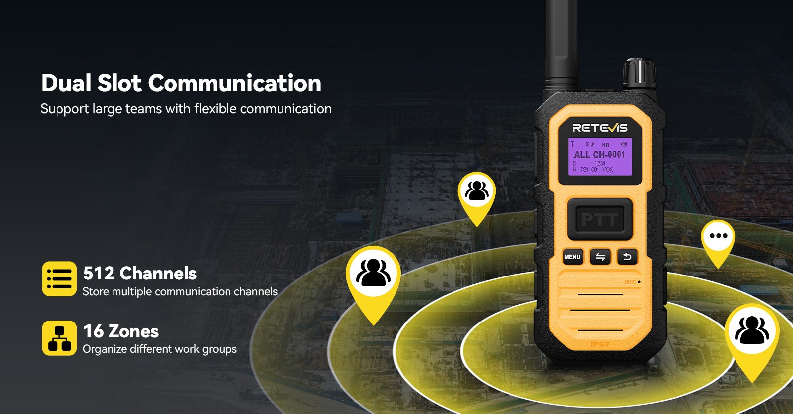 Retevis RB48D DMR radio with 512 channels, 16 zones and 128 contacts for large teams
