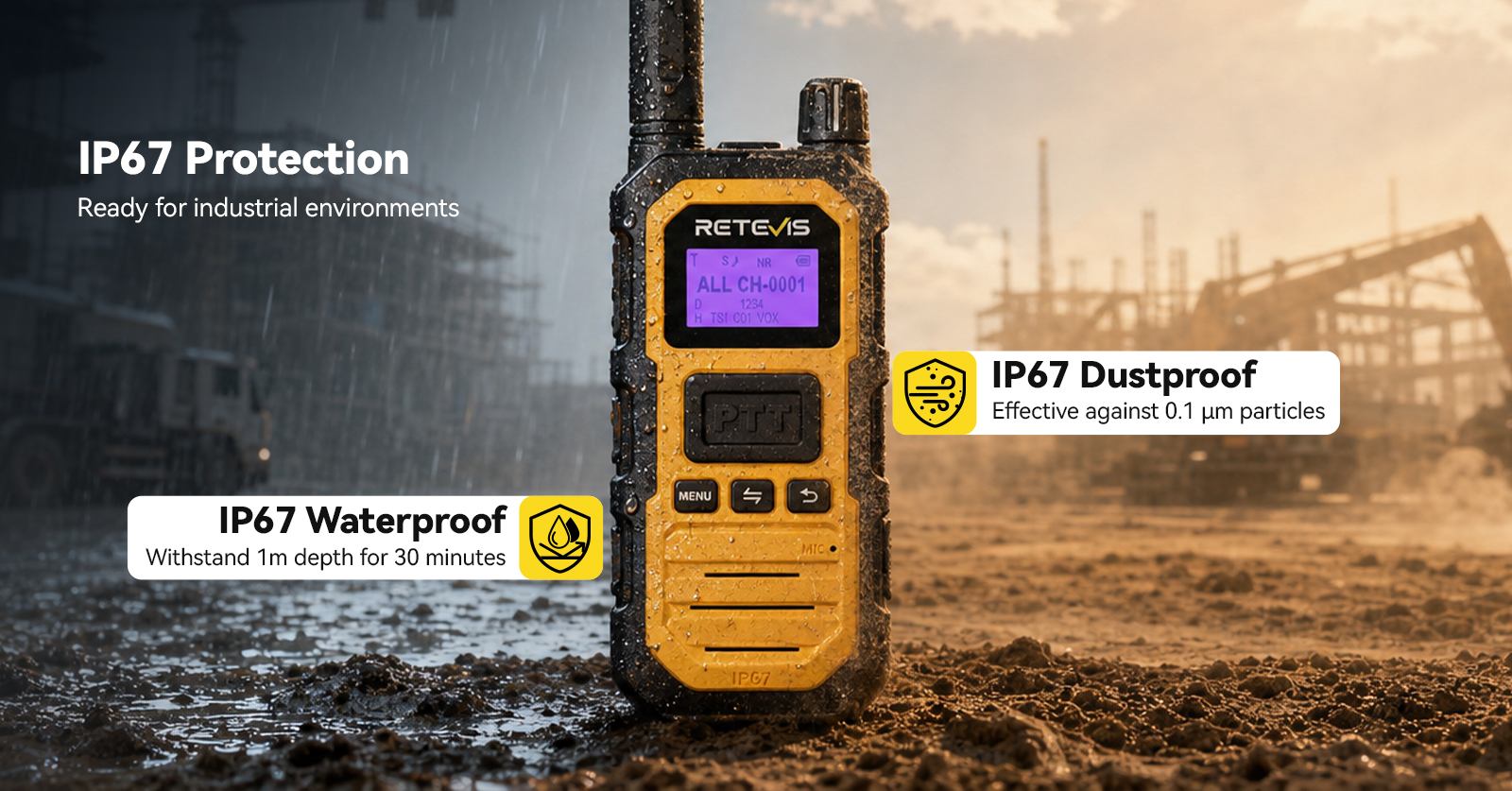Retevis RB48D IP67 waterproof and dustproof DMR walkie talkie for construction job sites