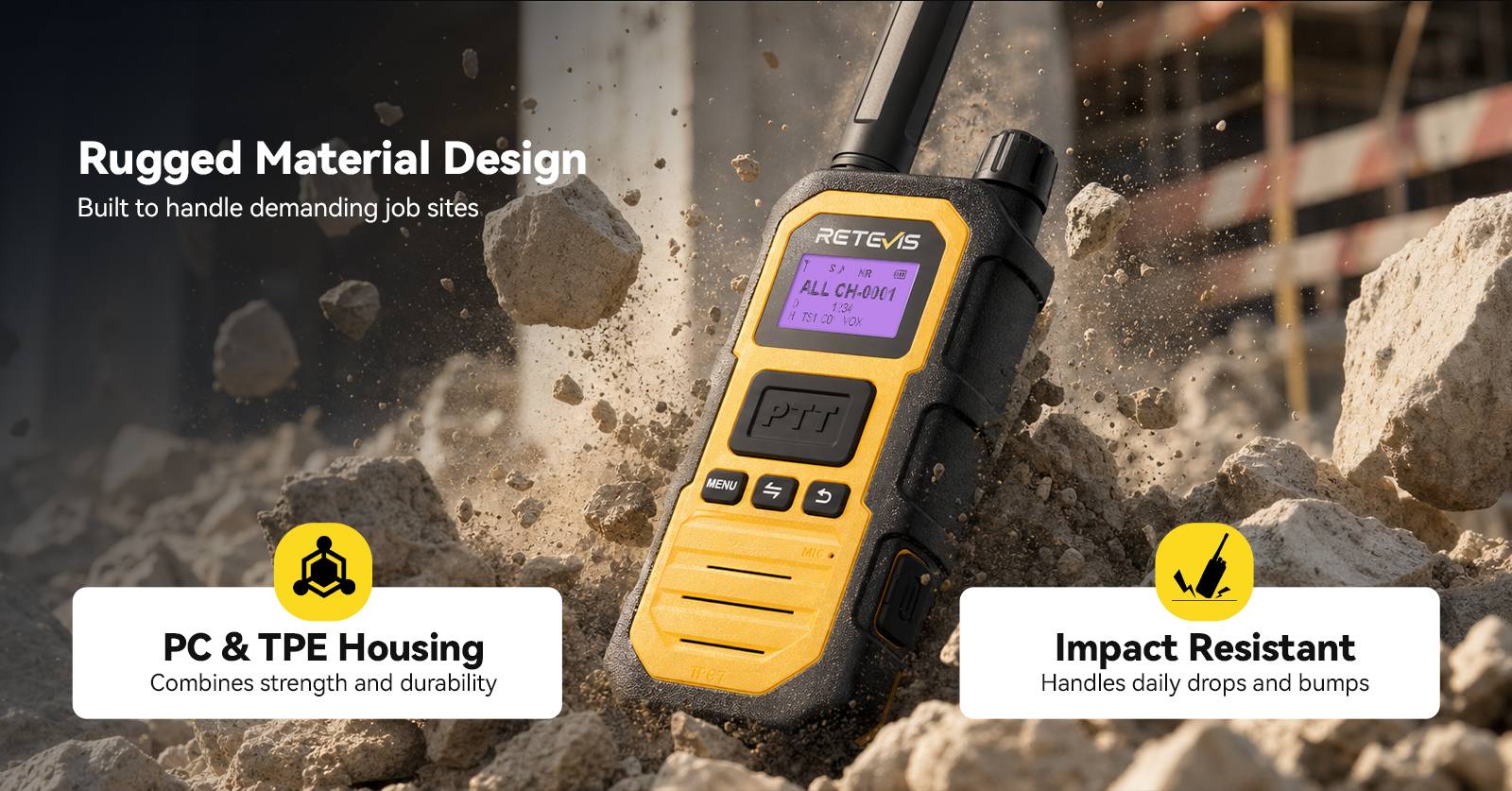 Retevis RB48D rugged PC and TPE housing DMR radio built for harsh industrial environments