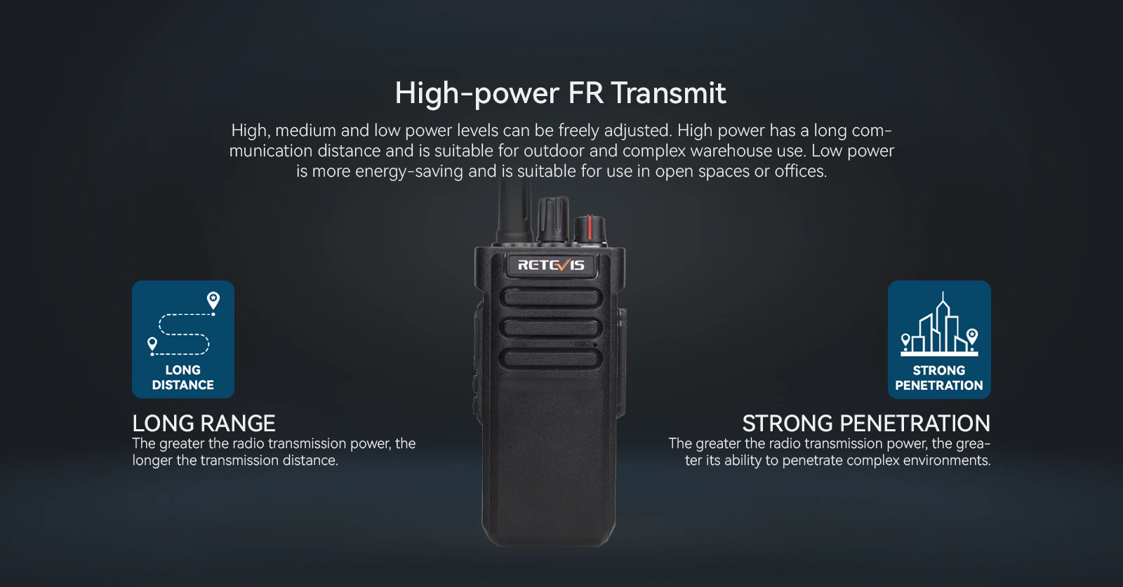 Retevis RT29 high-power two way radio for emergency communication systems, showing long range and strong penetration.