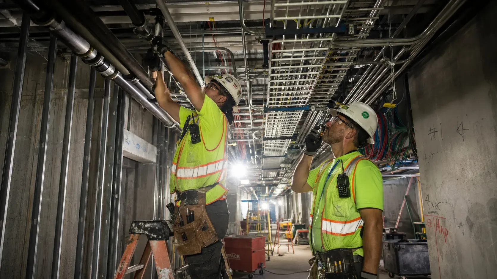 Plumber and electrician using compact two-way radios while working in a tight commercial construction ceiling corridor.