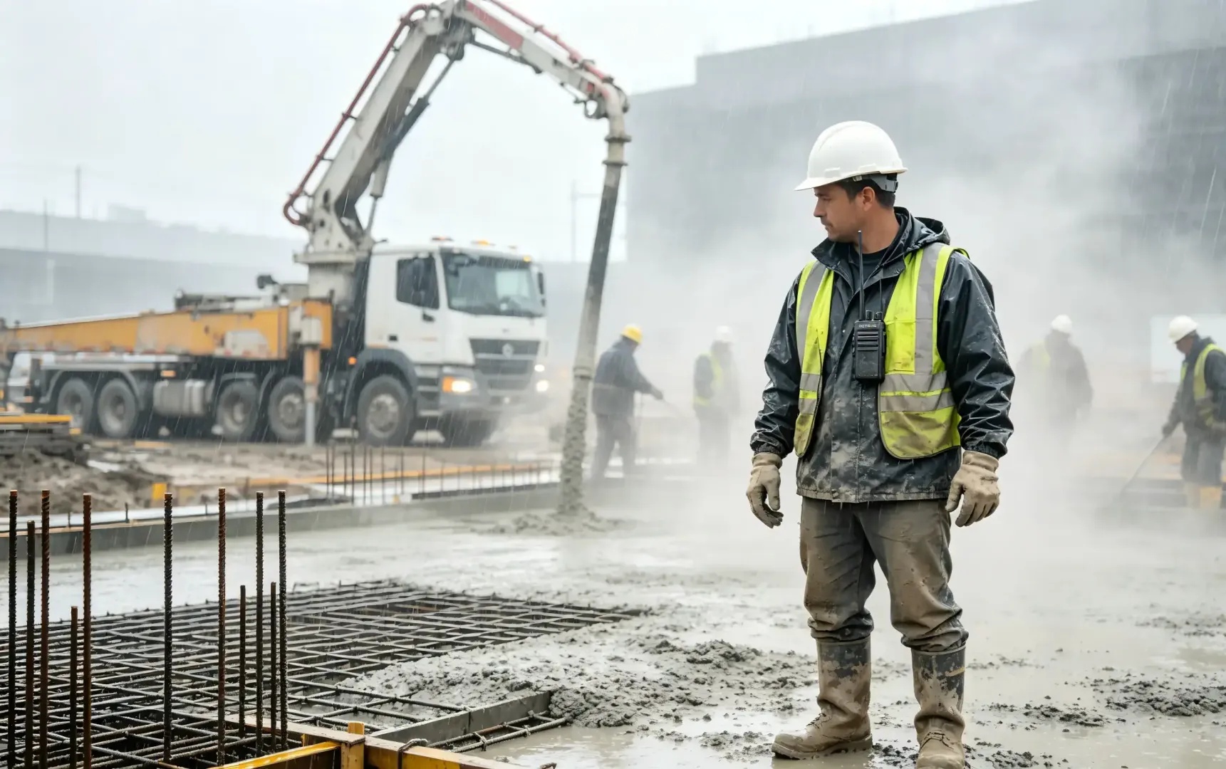 Construction crew performing a concrete pour in rain and cement dust, with a rugged handheld two-way radio clipped to a worker’s safety vest.