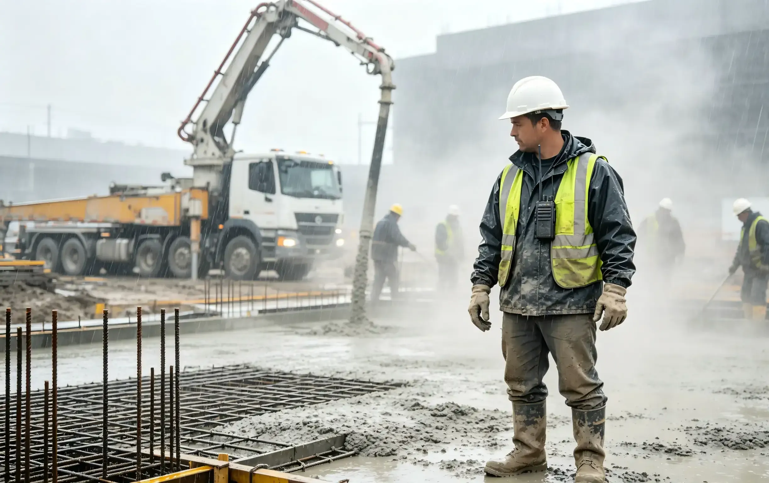 Construction crew performing a concrete pour in rain and cement dust, with a rugged handheld two-way radio clipped to a worker’s safety vest.