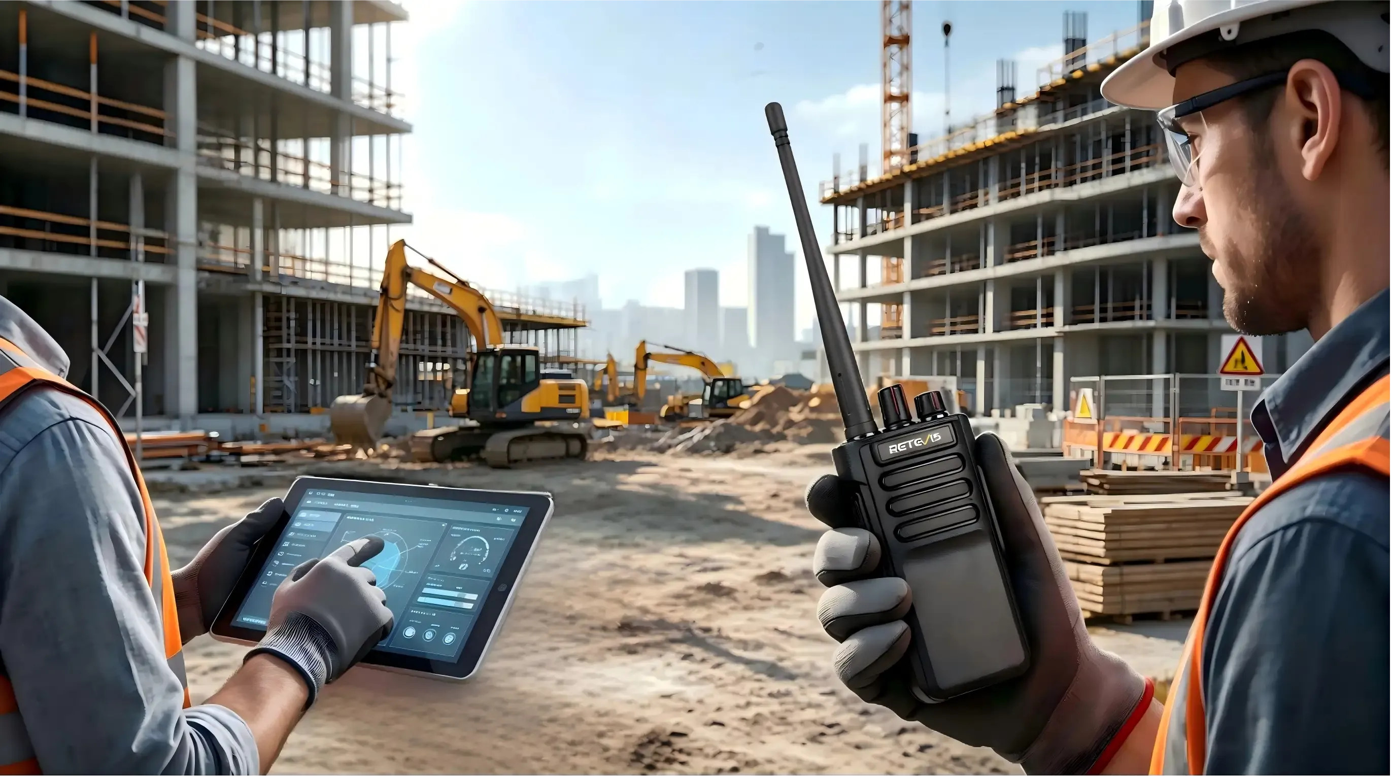 Construction workers using two-way radios on a modern jobsite, highlighting simple voice communication in a high-tech construction environment.