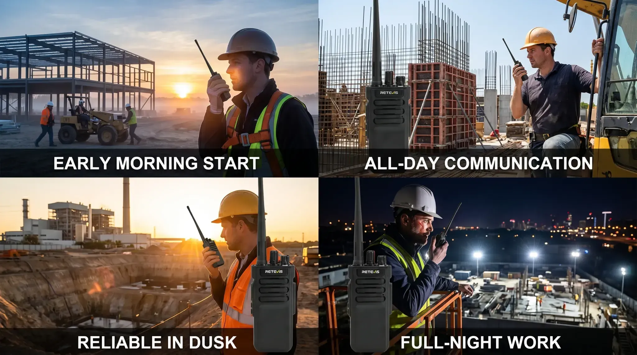 RT29 two-way radio supporting crews from early morning start to full-night work with all-day communication and reliable performance in low-light jobsites.