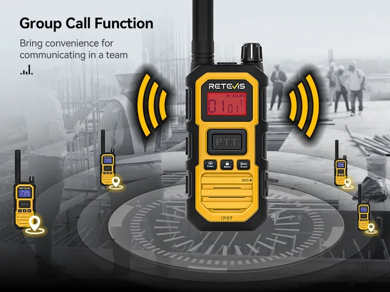 The Group Call Function on a RB48 Retevis programmable walkie-talkie radio allows for instant communication with an entire construction team