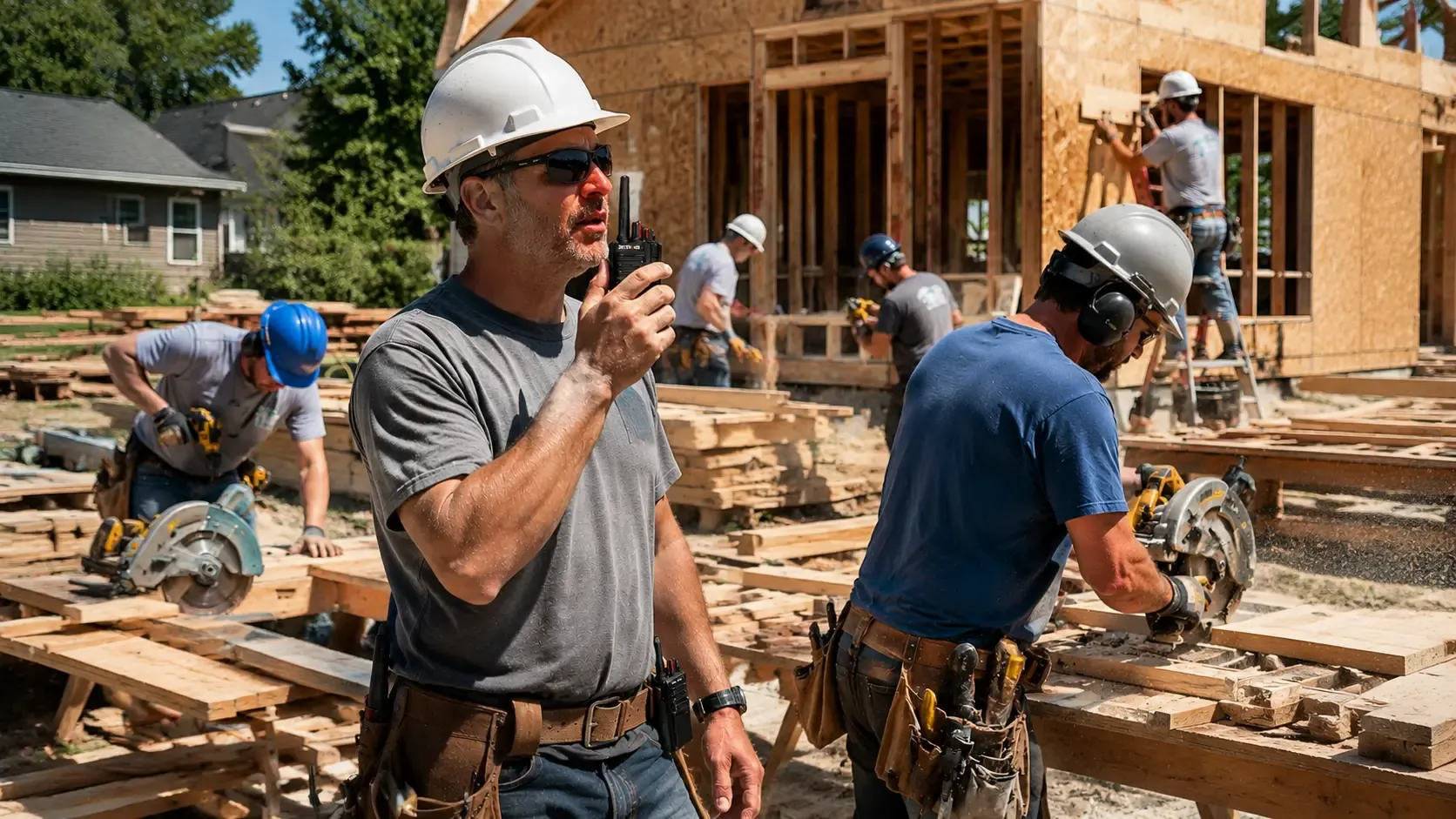 Construction workers using RT29 two-way radios for clear jobsite communication during active building work.