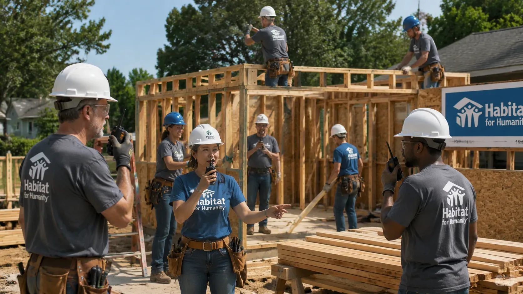 Construction workers using RT29 two-way radios for clear jobsite communication during active building work.
