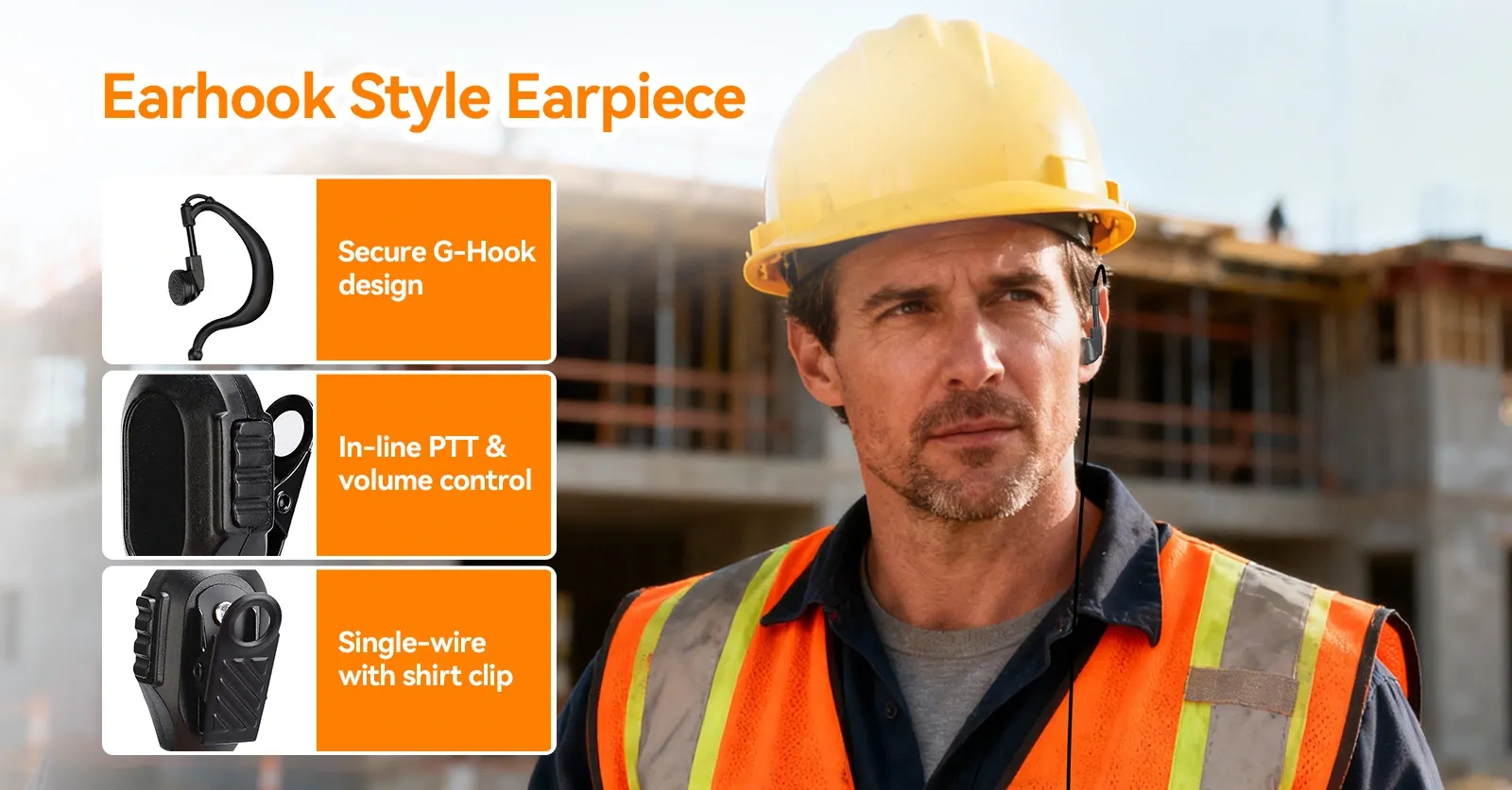 Construction two way radio Rt29 orange radio accessory earhook style earpiece