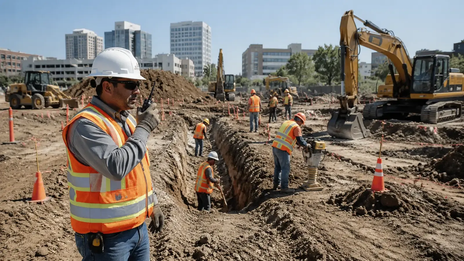 Workers on an industrial construction site using rugged handheld two-way radios for team communication