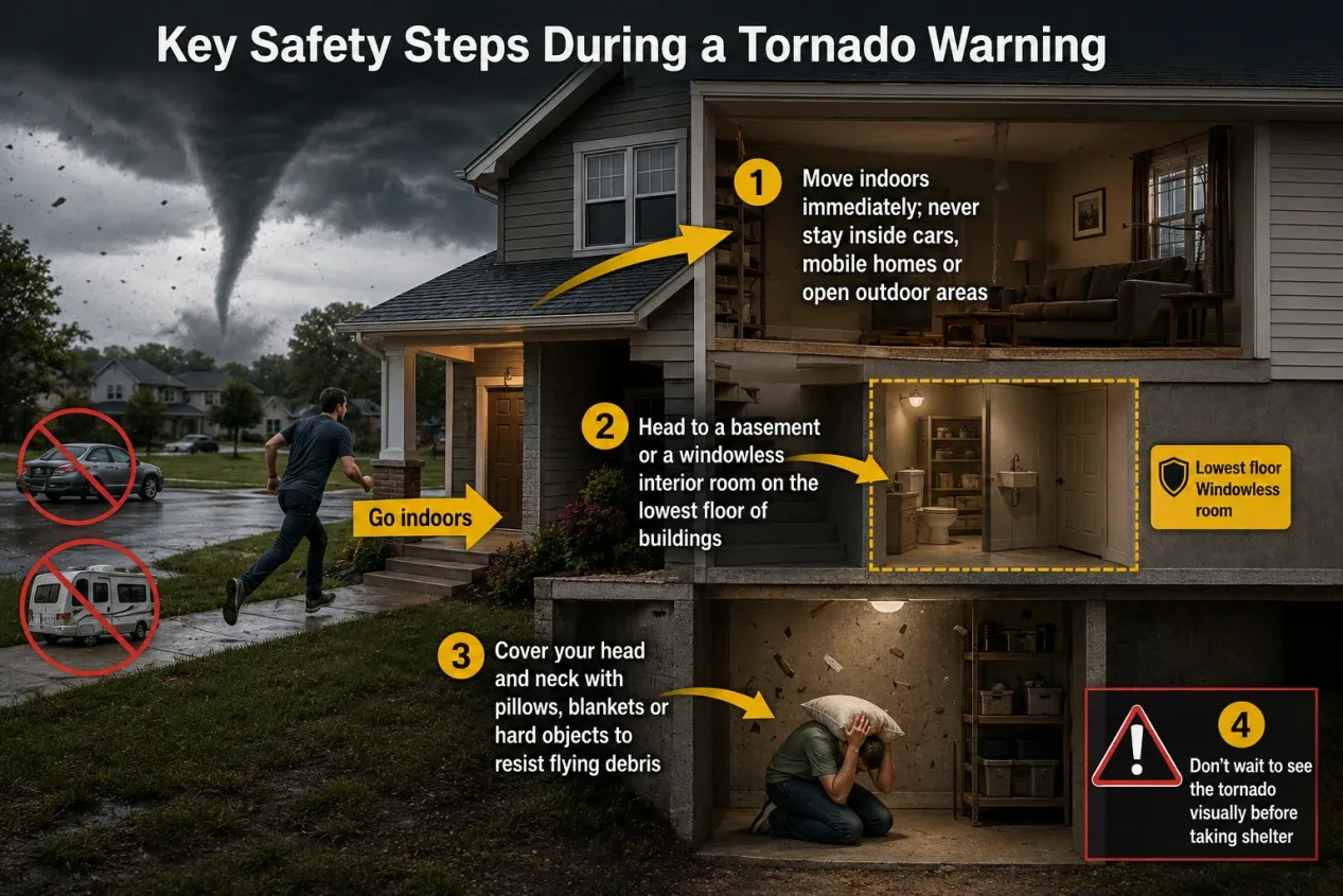 Emergency steps to take shelter and keep safe during a tornado warning