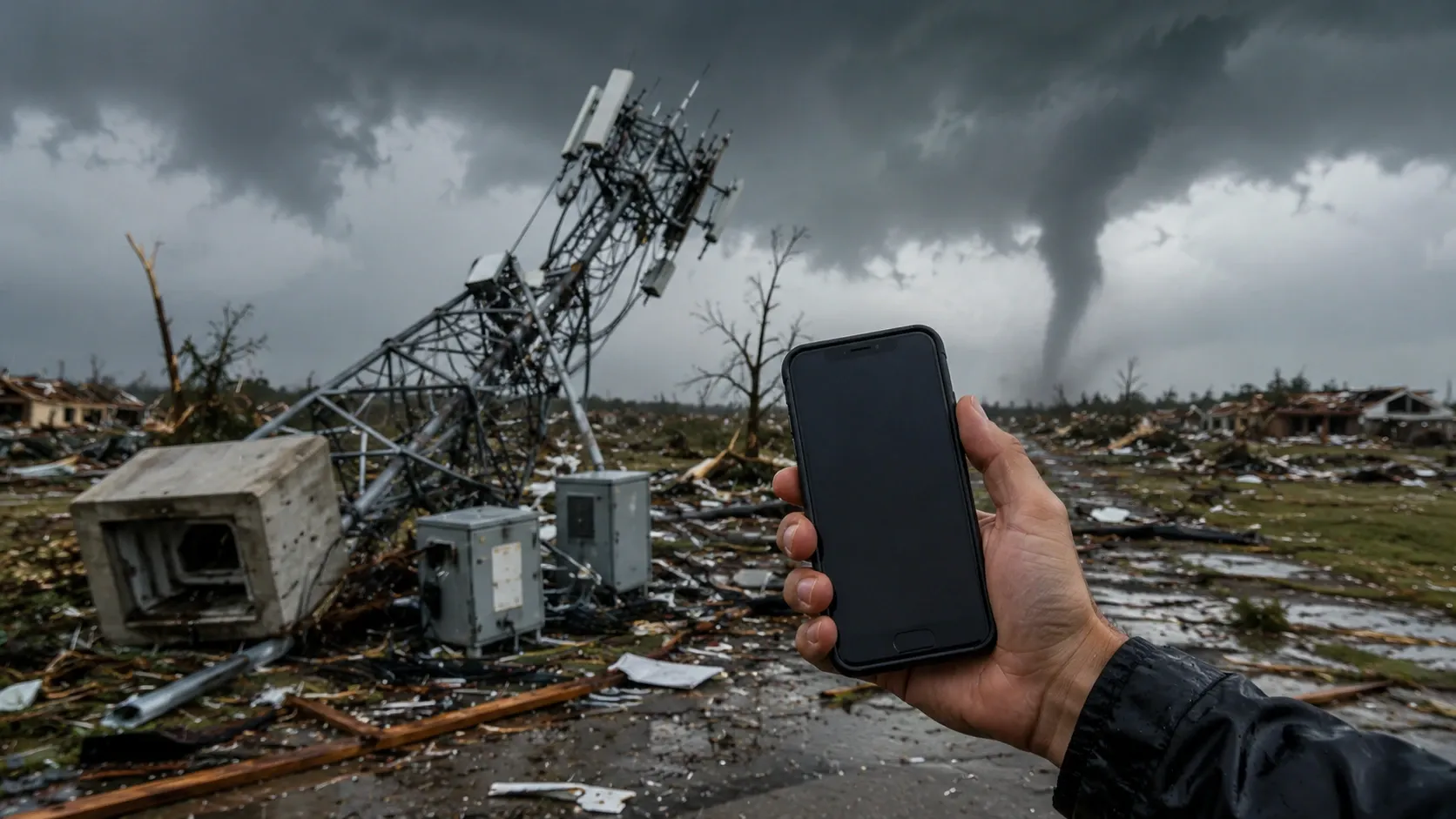A smartphone losing cellular service in a severe storm, with a tornado-destroyed cell tower in the background, a scenario requiring alternative emergency weather alerts.