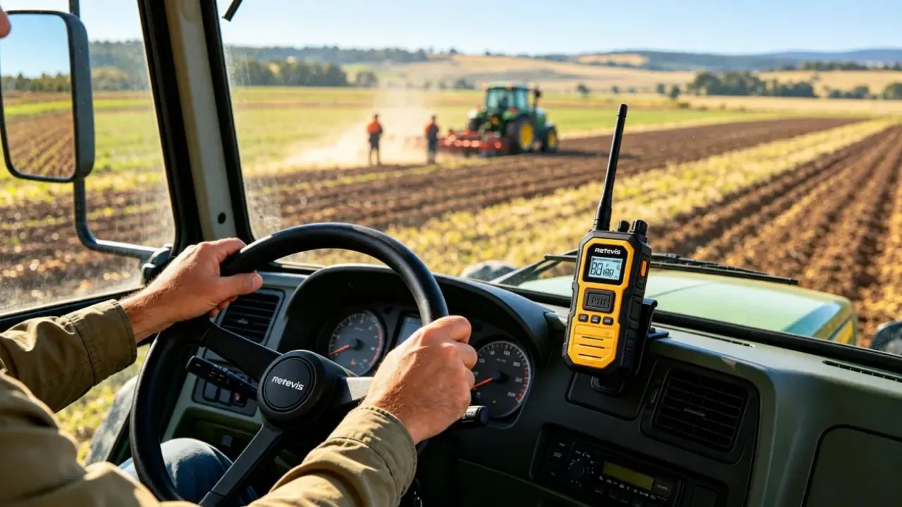 Retevis RB448 Plus license-free walkie talkie mounted on farm tractor for hands-free VOX communication and field crew coordination