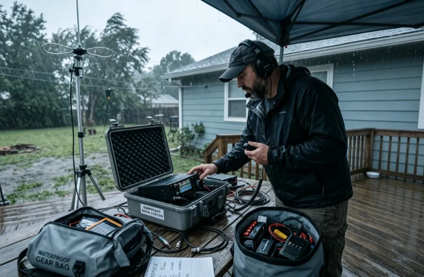 An operator setting up radios outdoor, preparing for the hurricane