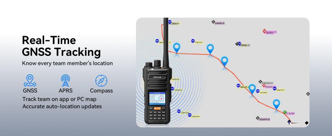Real-time GNSS tracking interface showing walkie talkie location mapping and team communication features.