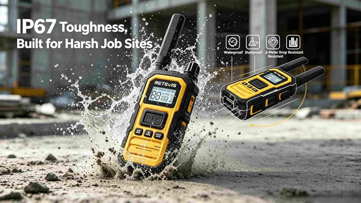 Retevis rugged two way radio with IP67 waterproof and drop resistance for harsh worksites