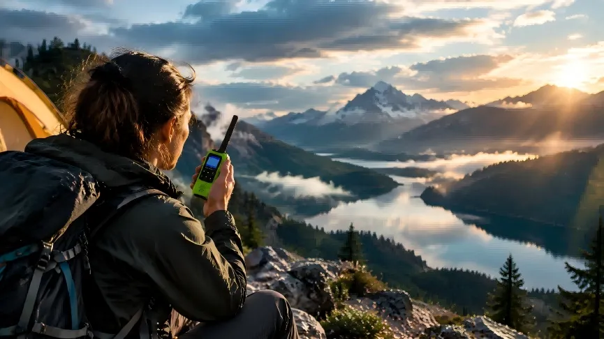 Hiker using a Retevis walkie talkie overlooking a scenic mountain lake at sunrise.