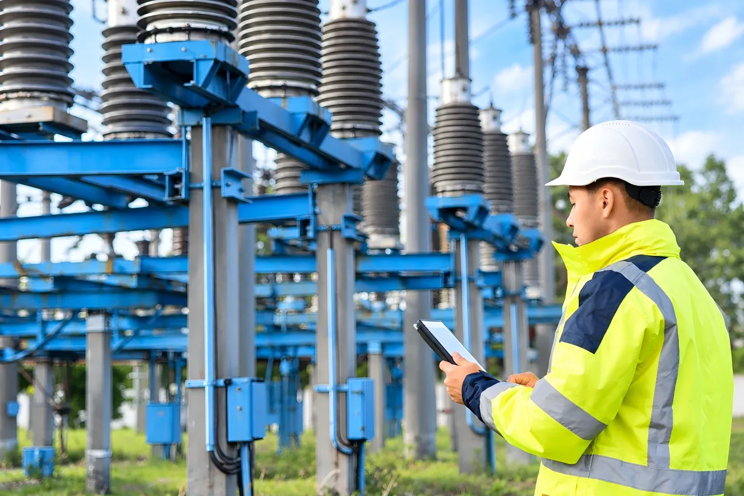 Field supervisor coordinating on-site work at industrial power construction facility