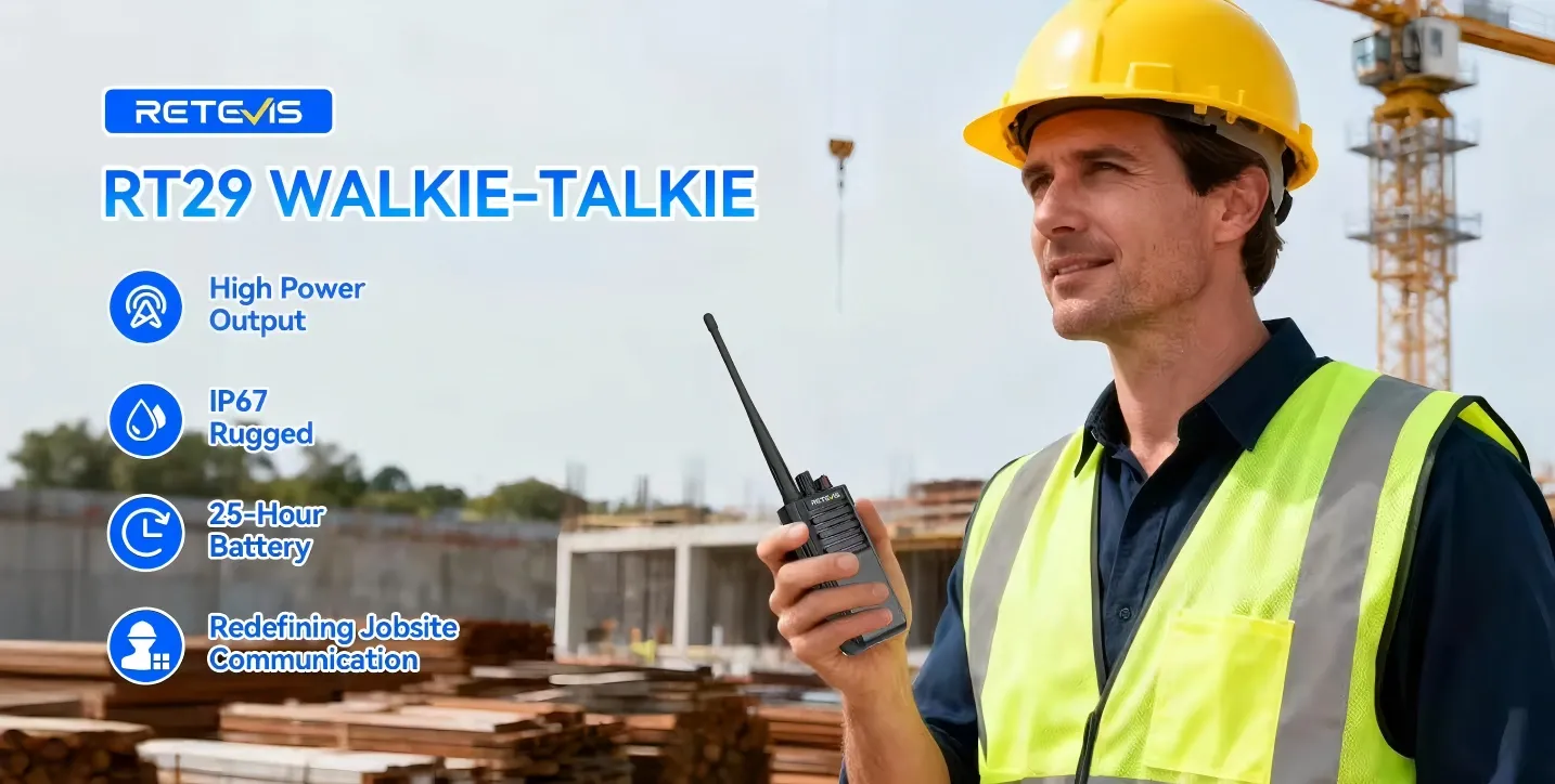 Construction worker with Retevis RT29 walkie talkie on jobsite. High power, IP67 rugged, 25hr battery for jobsite communication.