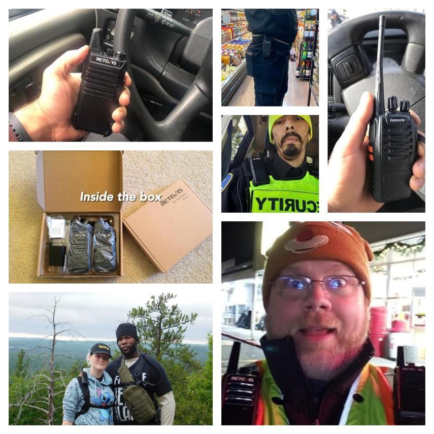 Retevis walkie talkie customer collage: real users in retail, security, outdoor, and unboxing, showing everyday two way radio use