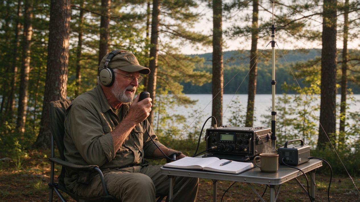 Older ham with headphones and mic works a portable field station at lakeside camp, transceiver, logbook on table, antenna beside.