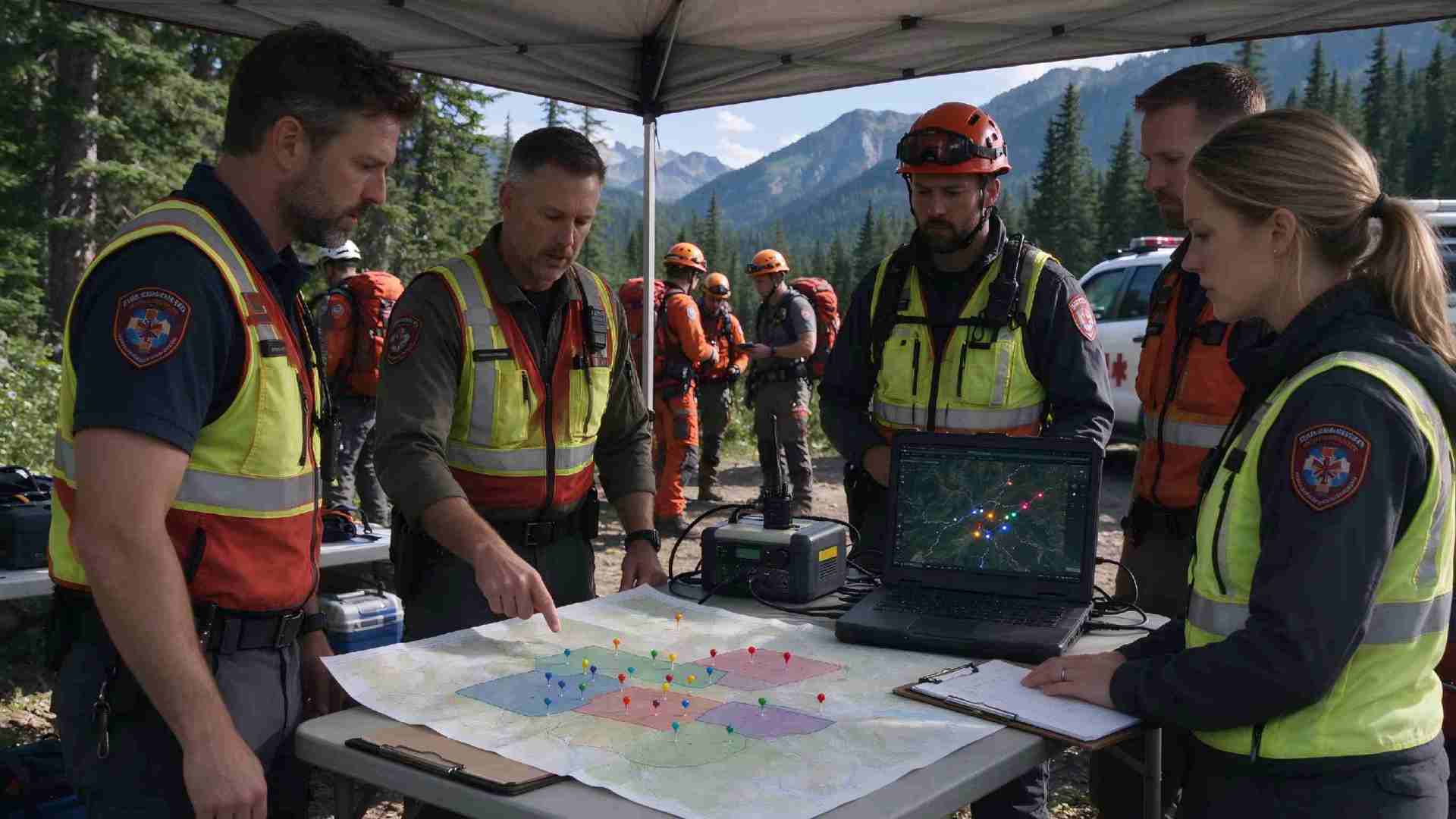 Search and rescue team briefs around paper map and laptop showing field positions via APRS at a forest incident command post.