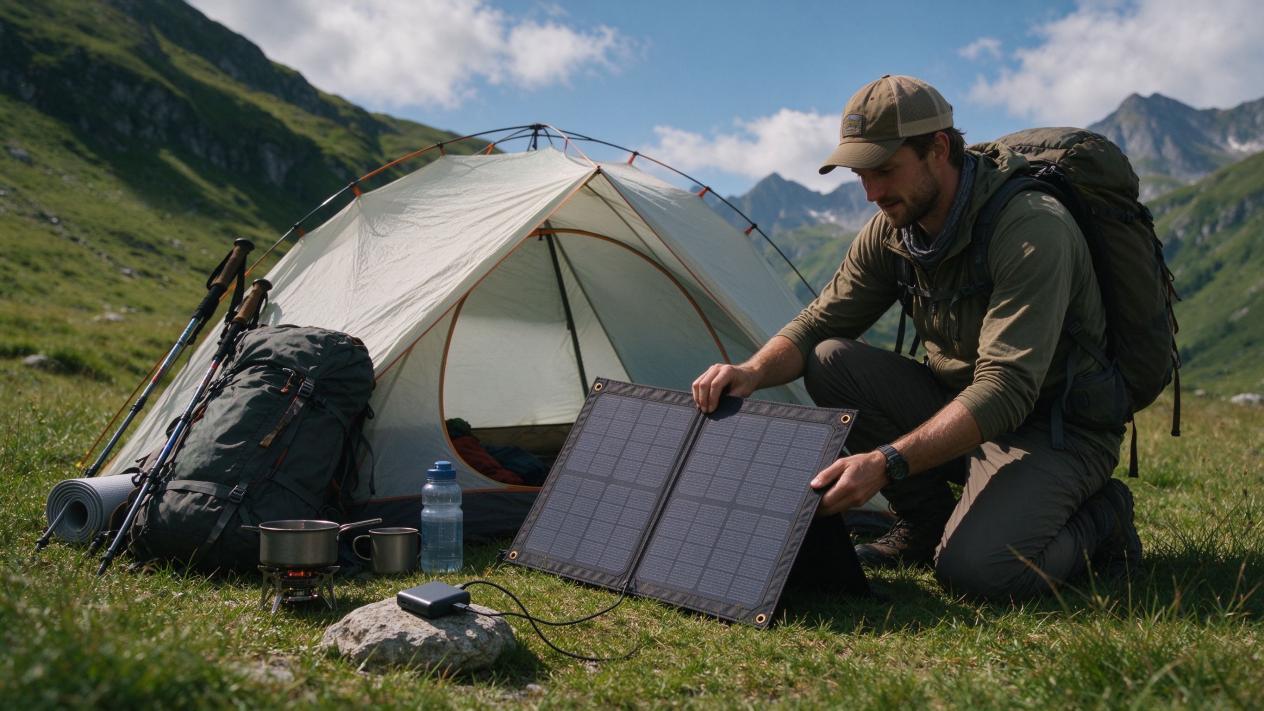 Hiker kneels at his tent adjusting a portable solar panel charging a power bank, off-grid solar power for HAM radio battery life.