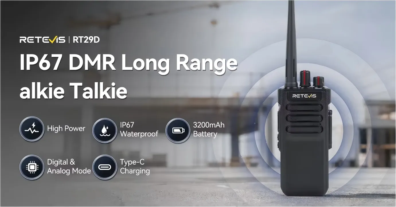 Retevis RT29D digital two way radio, IP67 DMR business radio with high power and 3200mAh battery for construction sites.