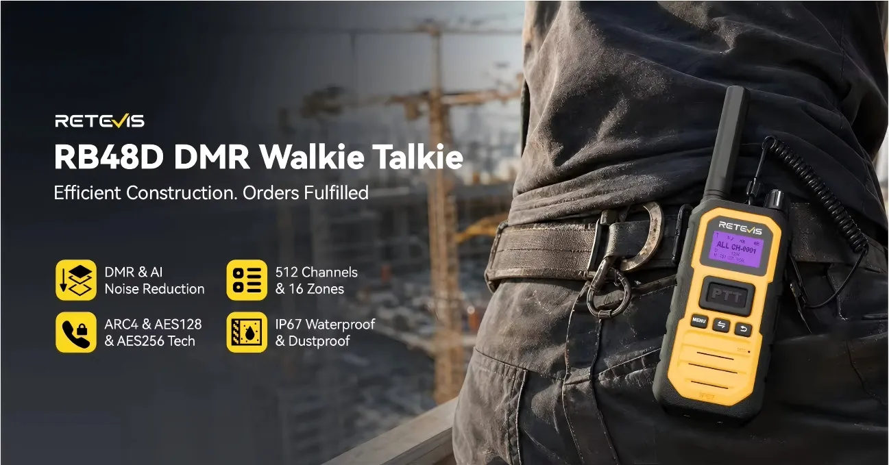 Retevis RB48D DMR two way radio with AI noise reduction, IP67 business radio for construction worker safety communication.