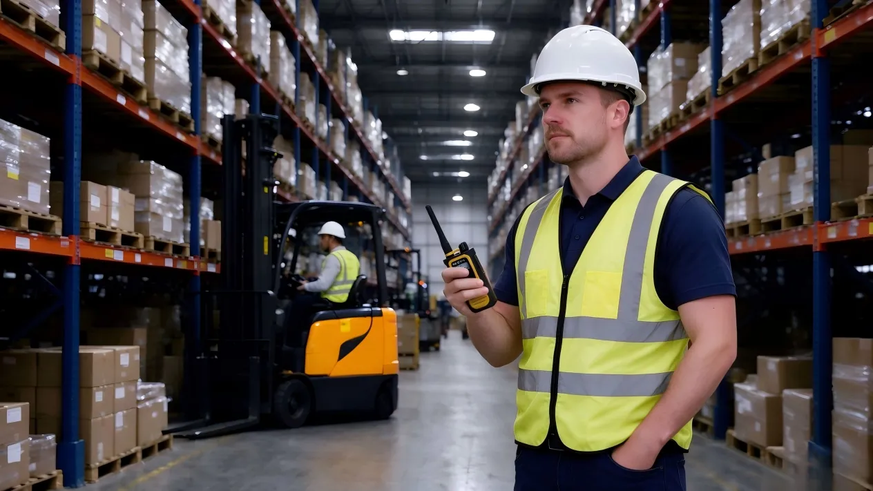 Logistics manager uses Retevis two-way radio for logistics communications solutions in a retail distribution warehouse
